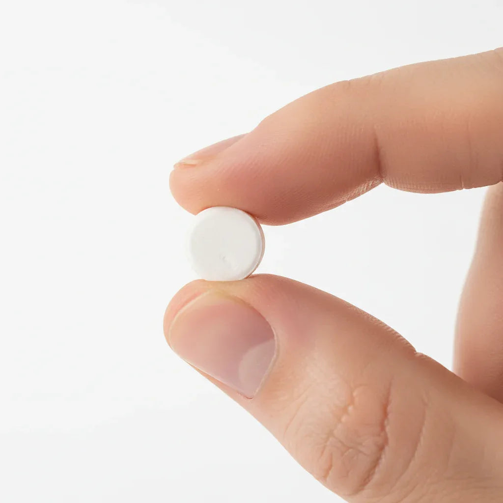 Close-up of single white round supplement tablet macro depth of field soft lighting