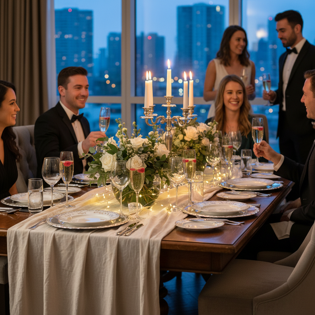 Stylish dinner party setup with stemmed crystal glasses filled with sparkling champagne on an elegantly dressed dining table