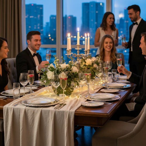 Stylish dinner party setup with stemmed crystal glasses filled with sparkling champagne on an elegantly dressed dining table