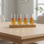 AI-generated lifestyle image of a Mason Craft and More mimosa set with exactly four tall clear champagne glasses on one wood tray on a clean dining table.