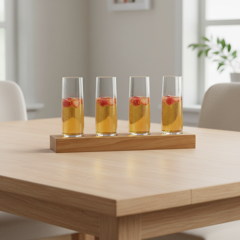 AI-generated lifestyle image of a Mason Craft and More mimosa set with exactly four tall clear champagne glasses on one wood tray on a clean dining table.