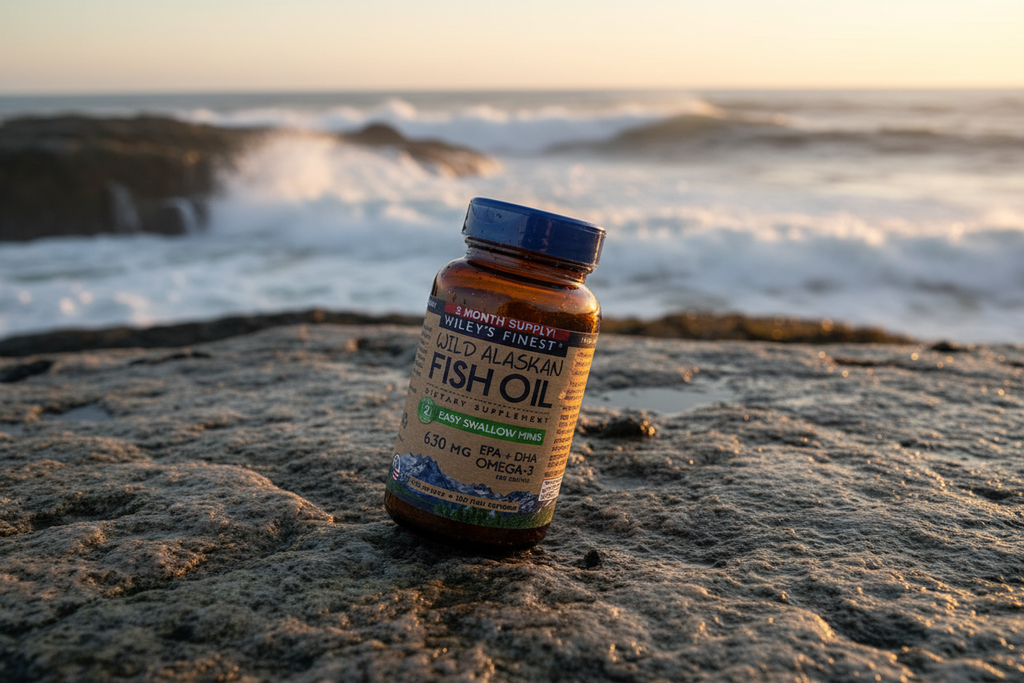 Wiley's Finest Easy Swallow Minis fish oil bottle on Alaskan coastal rocks with ocean background – More4less Outlet