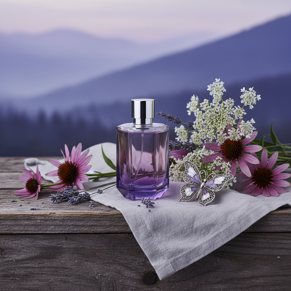 Lifestyle — purple and lilac perfume bottle on rustic wooden vanity beside wildflowers, vintage butterfly brooch, and soft linen cloth — Smoky Mountains inspired editorial for visual context only