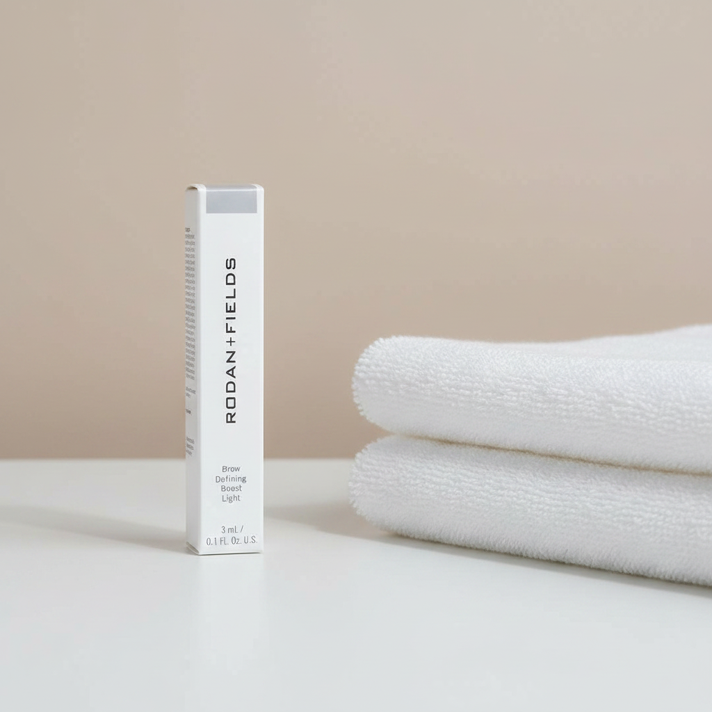 Rodan + Fields Brow Defining Boost Light 3 mL package in a neutral beauty setting