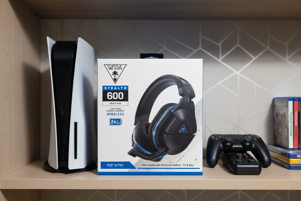 Turtle Beach Stealth 600 Gen 2 USB wireless gaming headset retail box on gaming shelf with PS5 console and controller – More4less Outlet