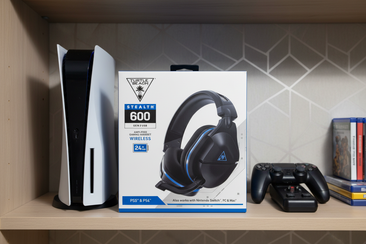 Turtle Beach Stealth 600 Gen 2 USB wireless gaming headset retail box on gaming shelf with PS5 console and controller – More4less Outlet
