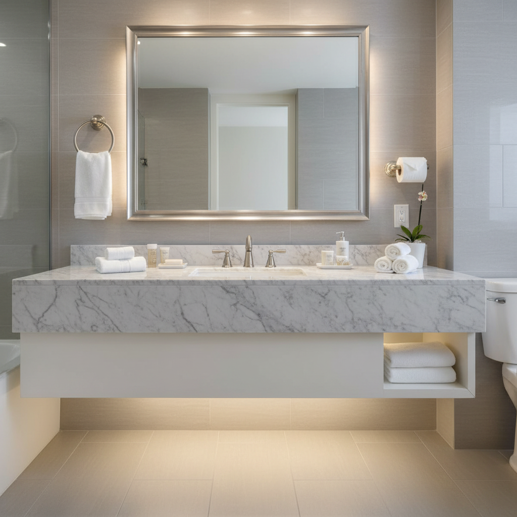 Premium hotel-style bathroom vanity with coordinated brushed nickel hardware set including towel ring – More4less Outlet