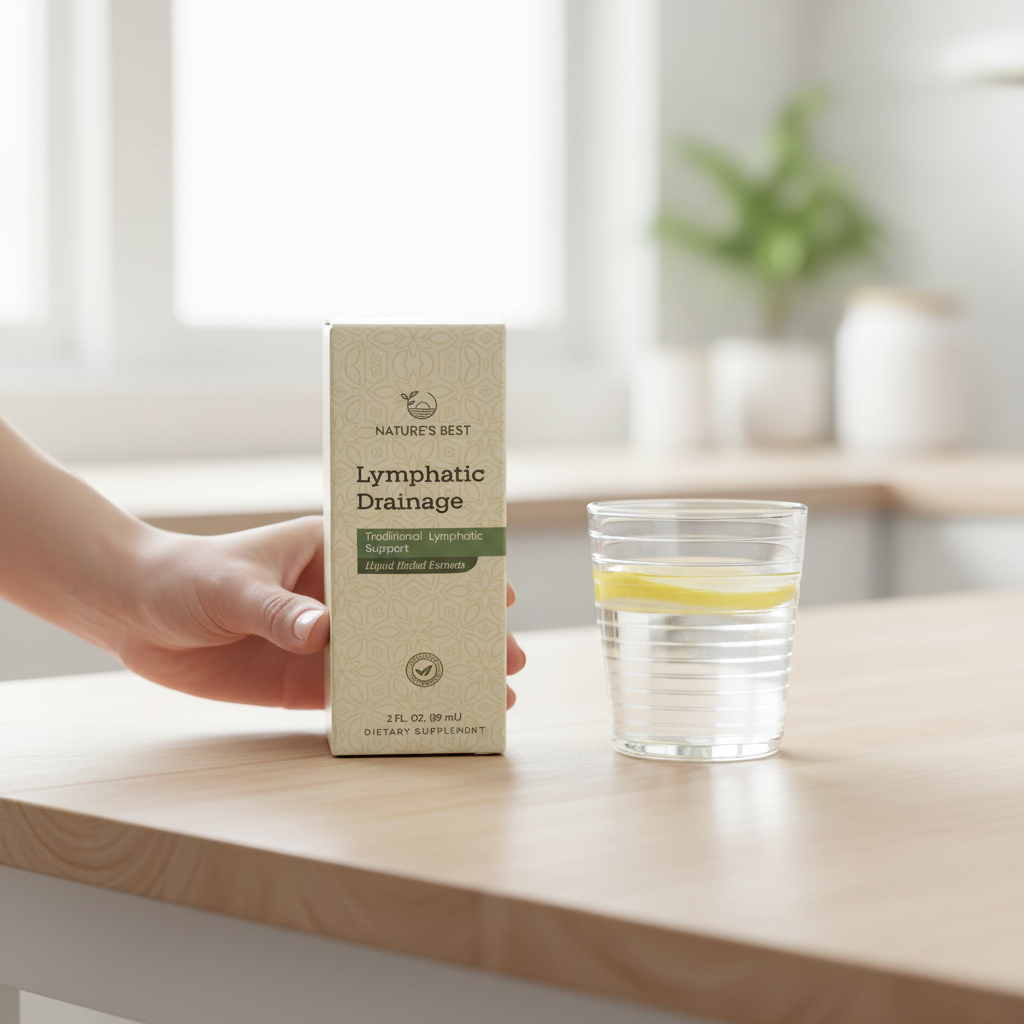 Woman holding Nature's Best Lymphatic Drainage Liquid Herbal Extract 2 fl oz box over a wood kitchen table next to lemon water