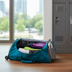 Teal blue rolling duffel bag open and packed with gym clothes and sneakers — Protégé 25-inch gym bag use — More4less Outlet
