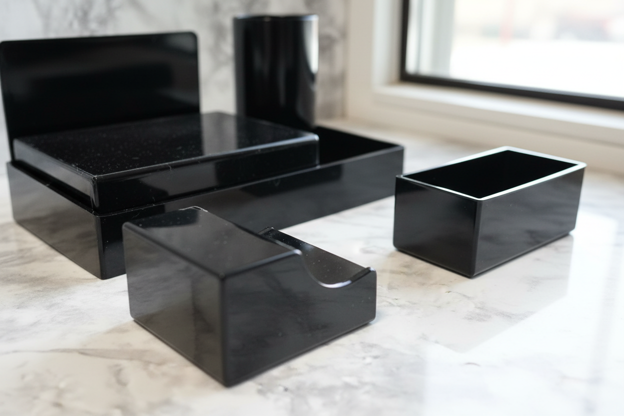 Macro shot of Officemate black stationery holder catching window light on white marble surface