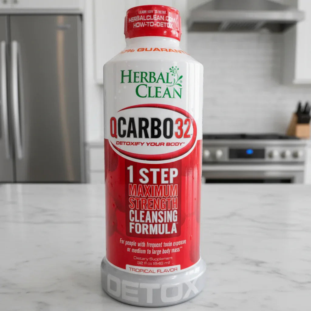 Detail-rich macro composition of Herbal Clean QCarbo32 red and white liquid wellness supplement bottle in modern kitchen setting