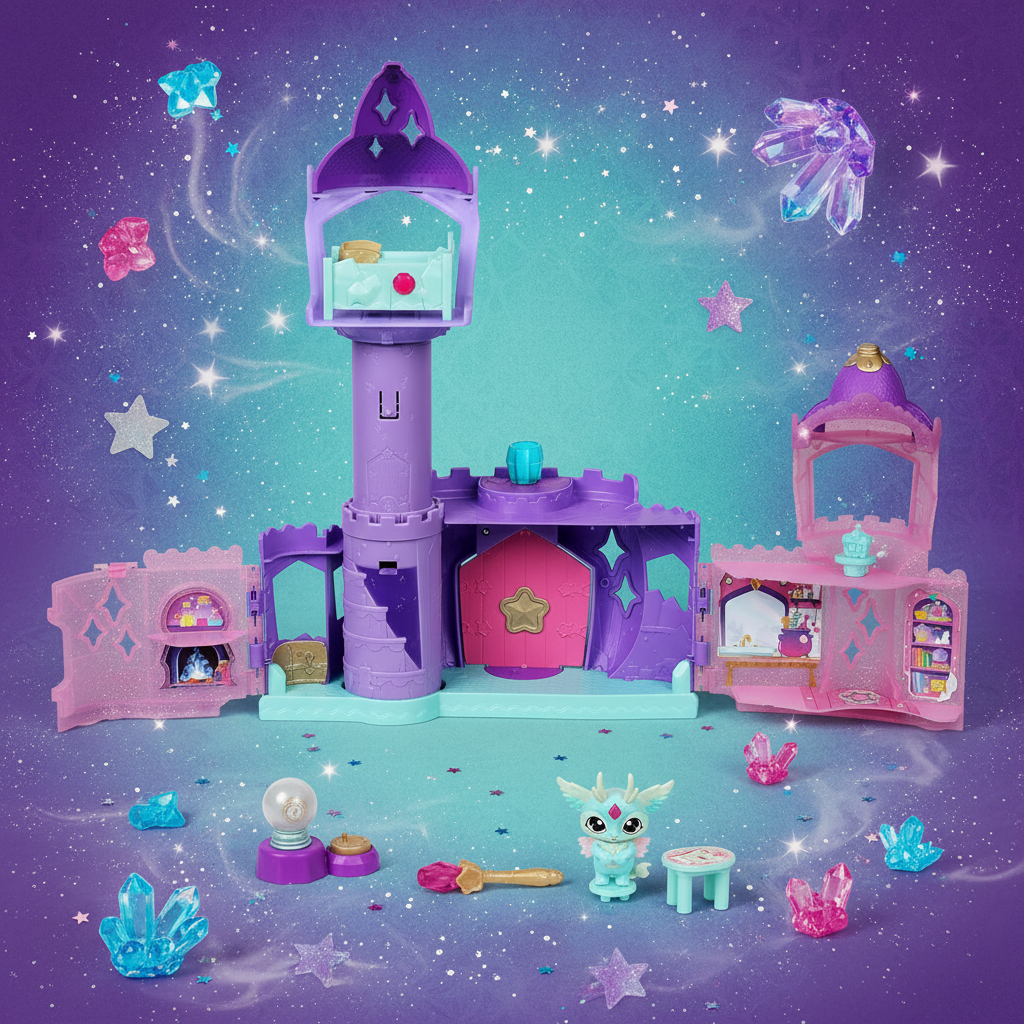 Magic Mixies Mixlings Magic Castle playset fully expanded on a fantasy-themed surface with sparkle stars and crystal props – More4less Outlet