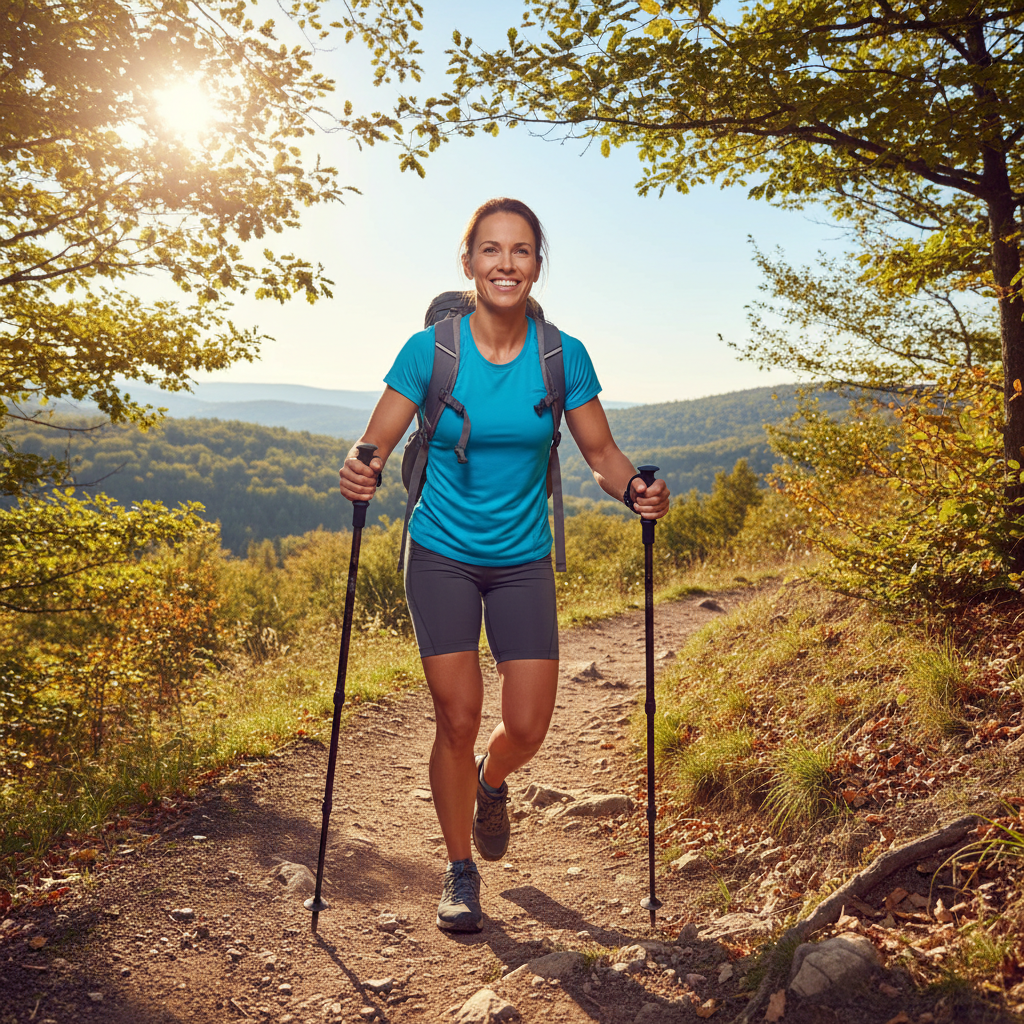 Active woman hiking outdoors on a sunny trail, strong and energetic