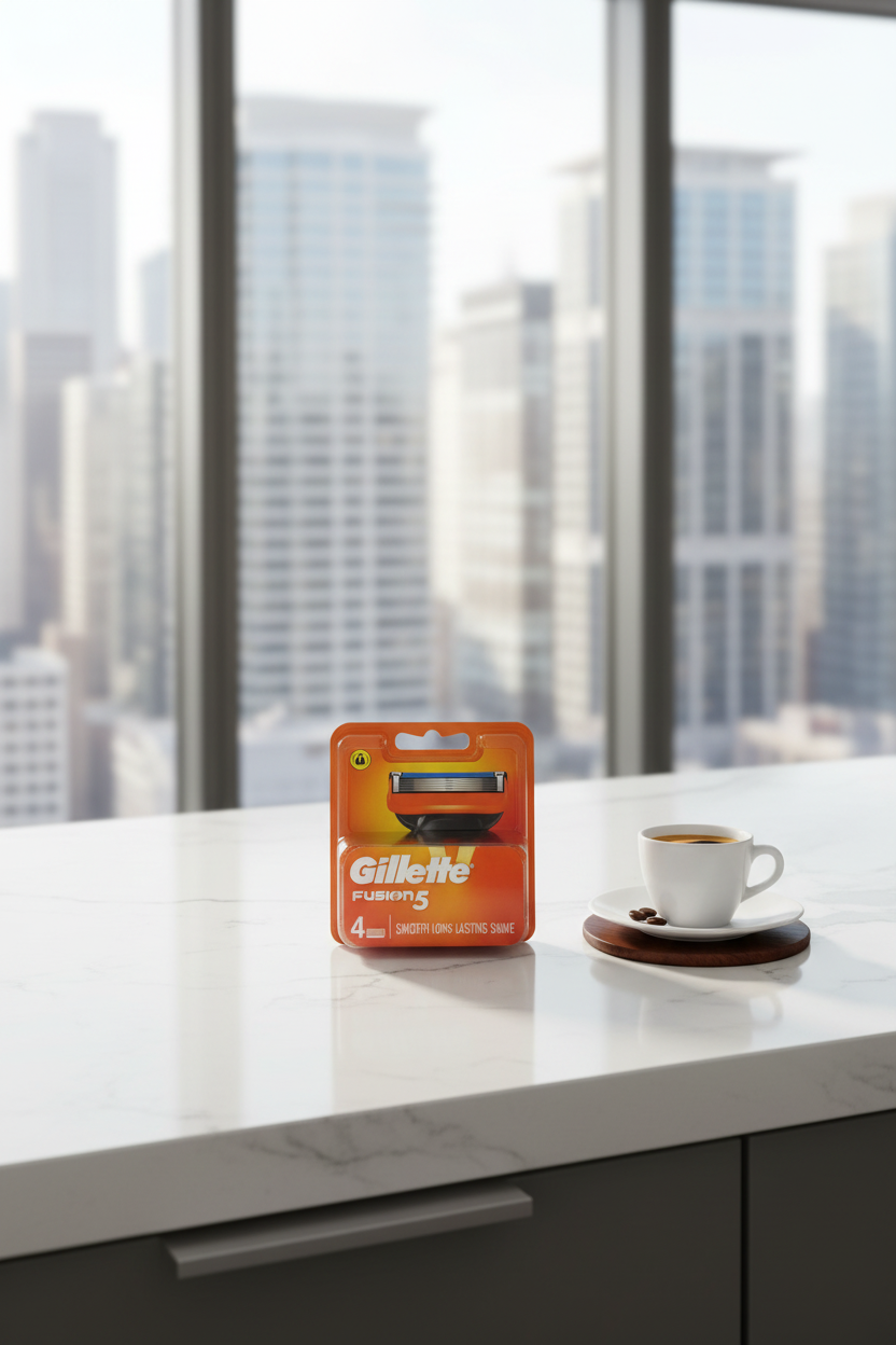 Gillette Fusion5 4-count razor refills on minimalist quartz breakfast bar with morning espresso professional routine