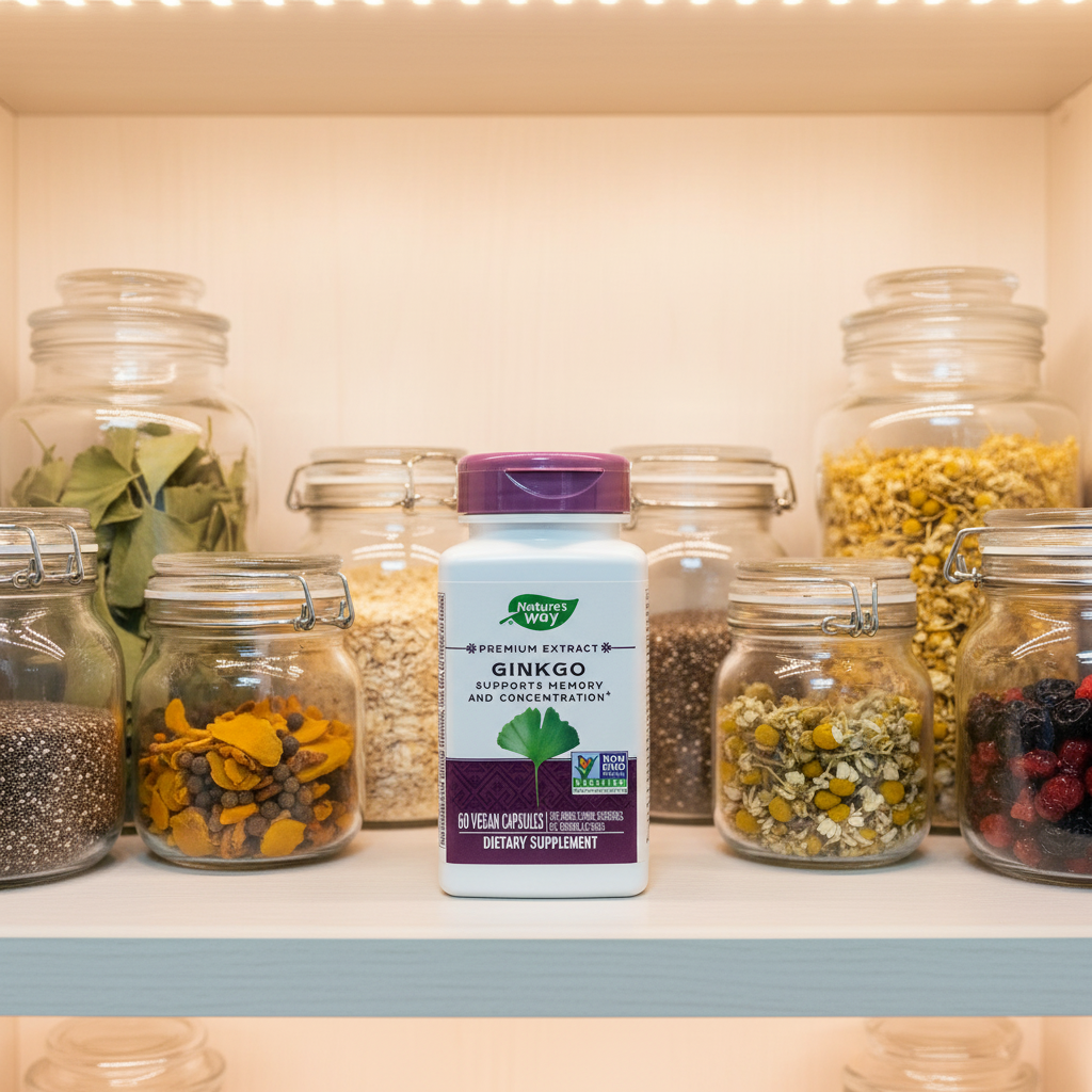 Nature's Way Ginkgo Premium Extract bottle inside brightly lit healthy lifestyle cupboard alongside transparent glass apothecary storage jars with botanicals