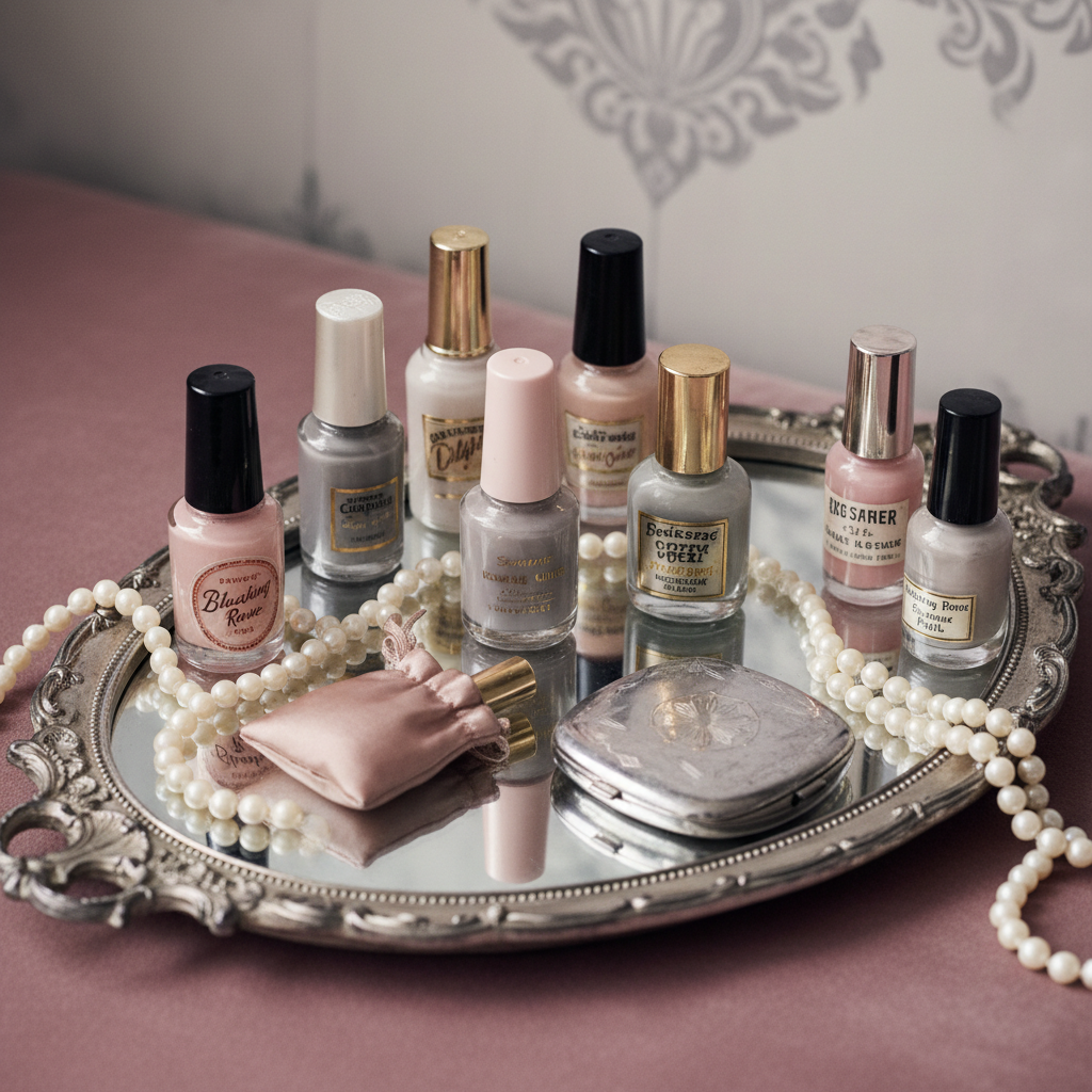 Vintage beauty collector aesthetic with nail polish bottles on mirrored tray — Mary Kay In A Flash discontinued shades — More4less Outlet