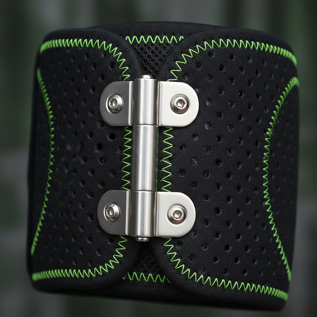 Macro close-up of bilateral metal hinge and perforated neoprene texture on black knee brace with green stitching
