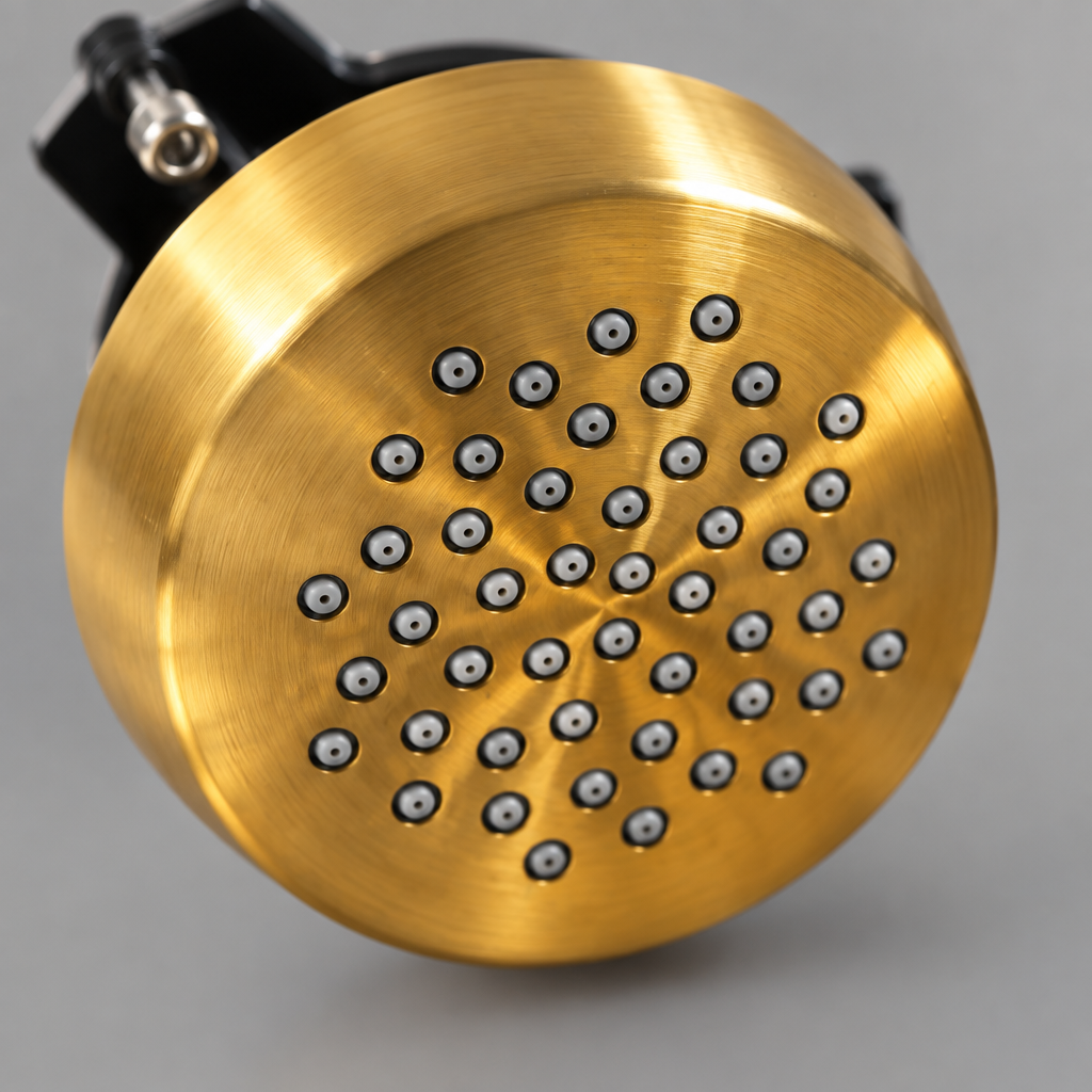 Close up of the Moen Mosaic brushed gold body spray head nozzle pattern