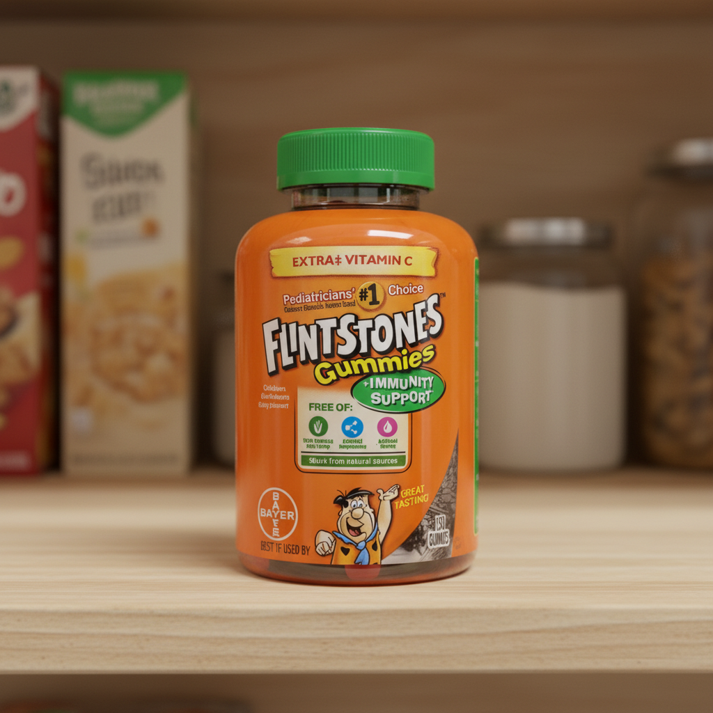 Flintstones Gummies Plus Immunity Support 150-count bottle on a pantry shelf
