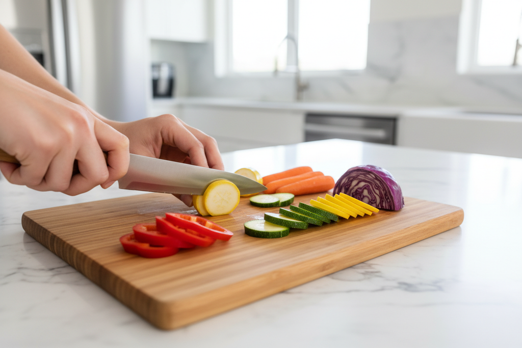 Hands slicing fresh vegetables on a smooth flat bamboo cutting board in a bright modern kitchen