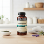 Nature's Sunshine Ashwagandha Herbal Blend bottle in a bright home pantry scene