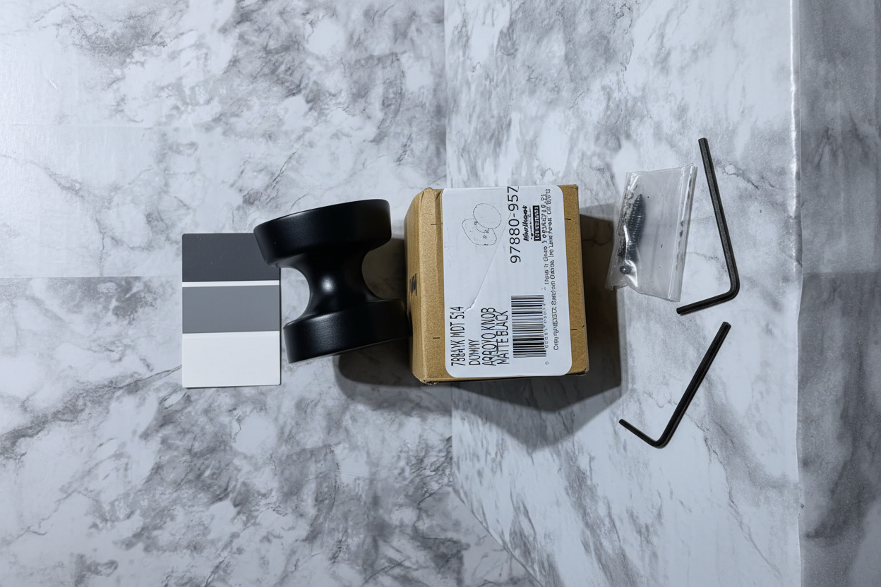 Kwikset Arroyo matte black dummy knob flatlay on white marble with retail box hex wrench and charcoal paint swatches - More4less Outlet