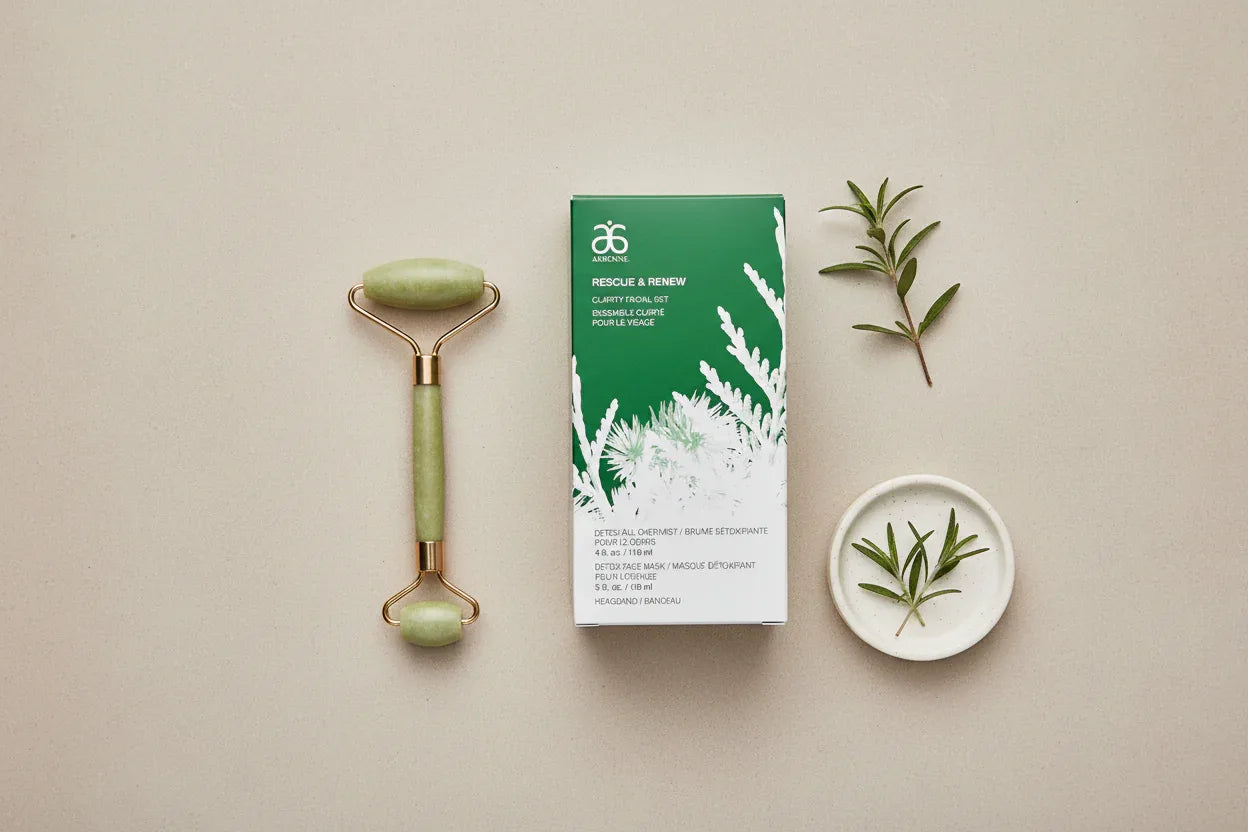Arbonne Rescue and Renew Clarity Facial Set skincare flat lay minimal neutral surface