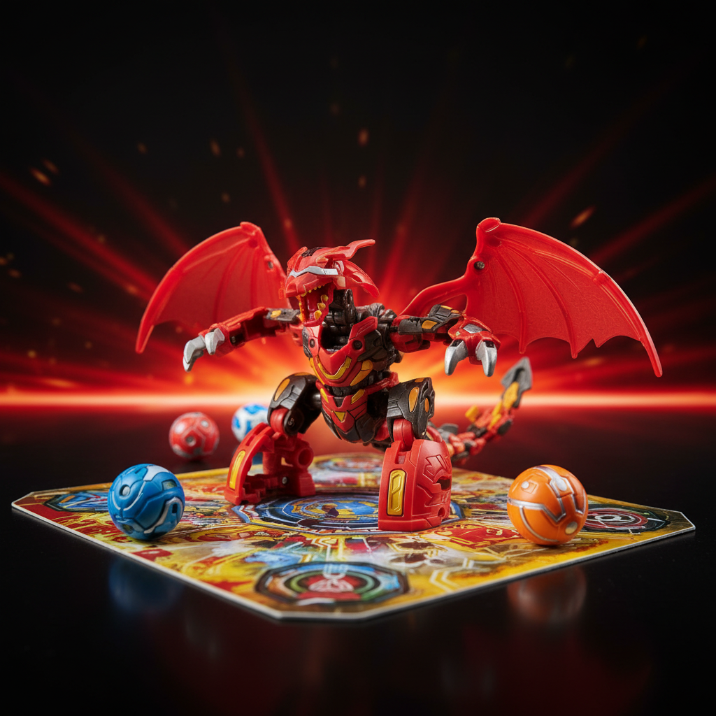 Bakugan Titanium Dragonoid action figure popped open on Gate Card battle mat with dramatic red glow — More4less Outlet lifestyle image