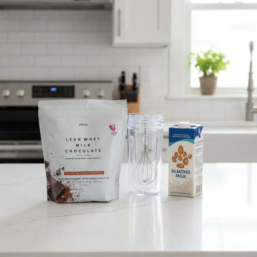 Plexus Lean Whey Milk Chocolate shake bag on white quartz kitchen island with clear blender bottle and almond milk carton