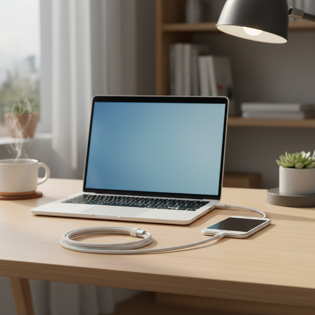 White 10ft USB-C to Lightning cable connecting iPhone to MacBook on a home office desk — More4less Outlet