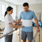 Physical therapist helping a patient adjust a white abdominal compression wrap in a bright clinical rehabilitation setting