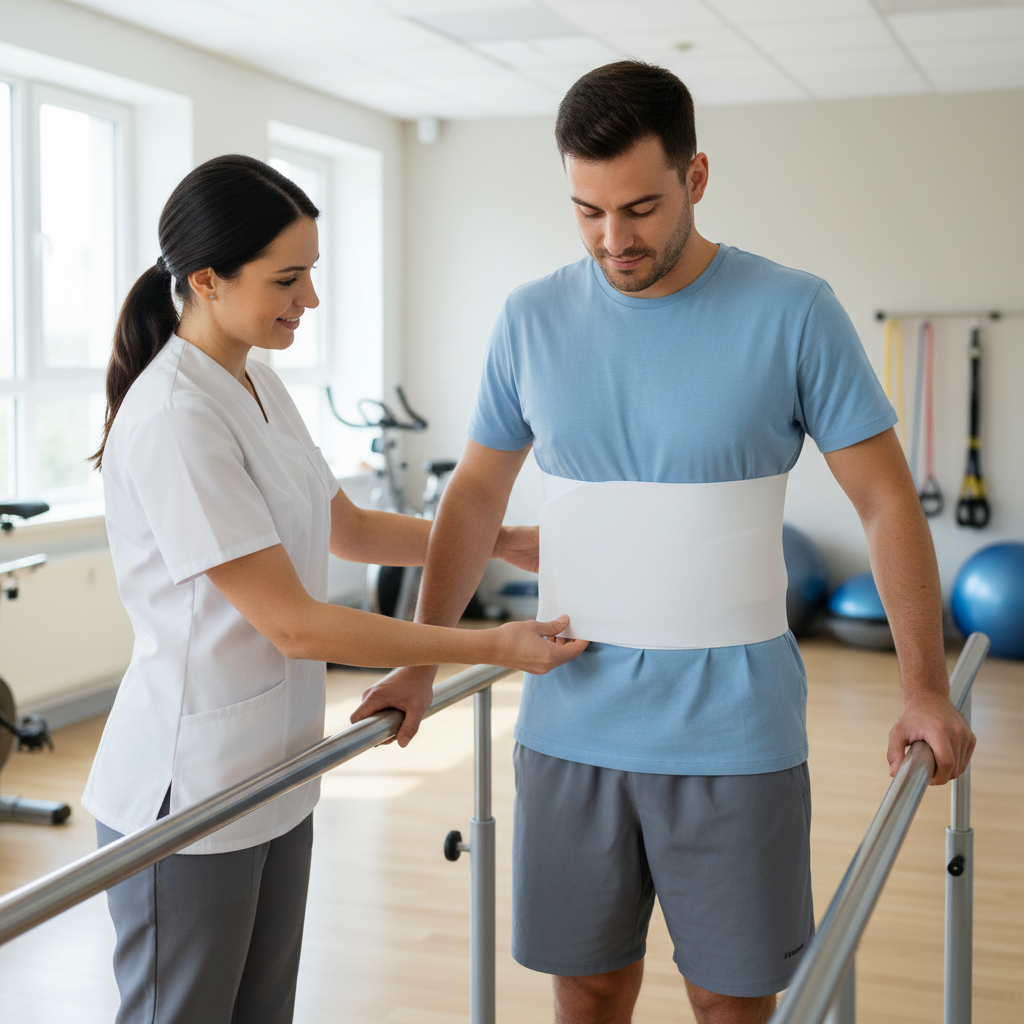 Physical therapist helping a patient adjust a white abdominal compression wrap in a bright clinical rehabilitation setting