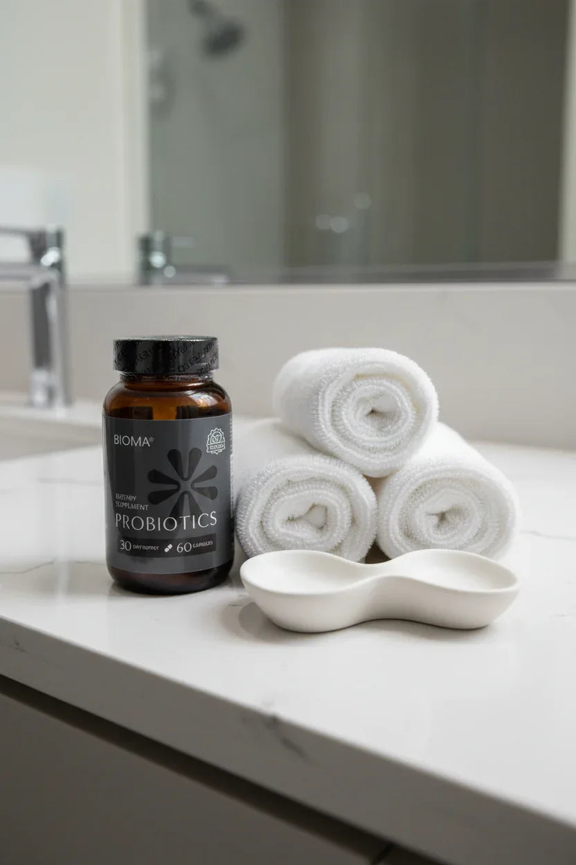 Bioma Probiotics bottle on upscale quartz bathroom vanity with rolled white towels and designer ring dish