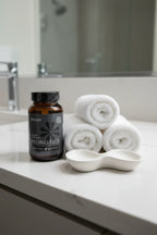 Bioma Probiotics bottle on upscale quartz bathroom vanity with rolled white towels and designer ring dish