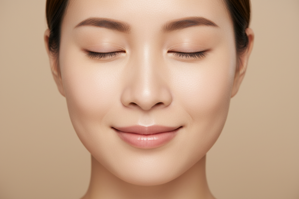 Close-up of smooth matte balanced skin with minimized pores after oily skin toner treatment