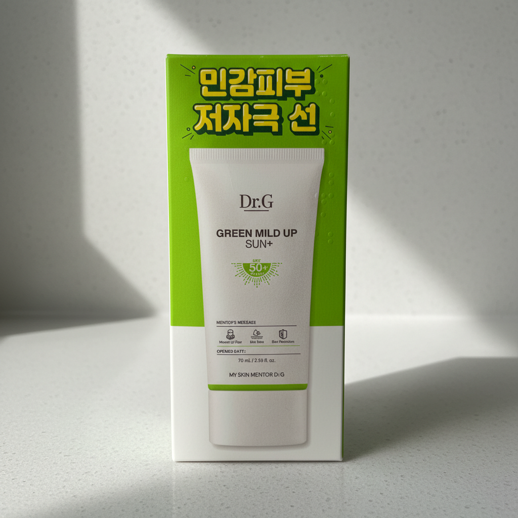 AI-generated lifestyle image of Dr.G Green Mild Up Sun+ SPF50+ PA++++ 70 mL retail box on a pale stone bathroom counter