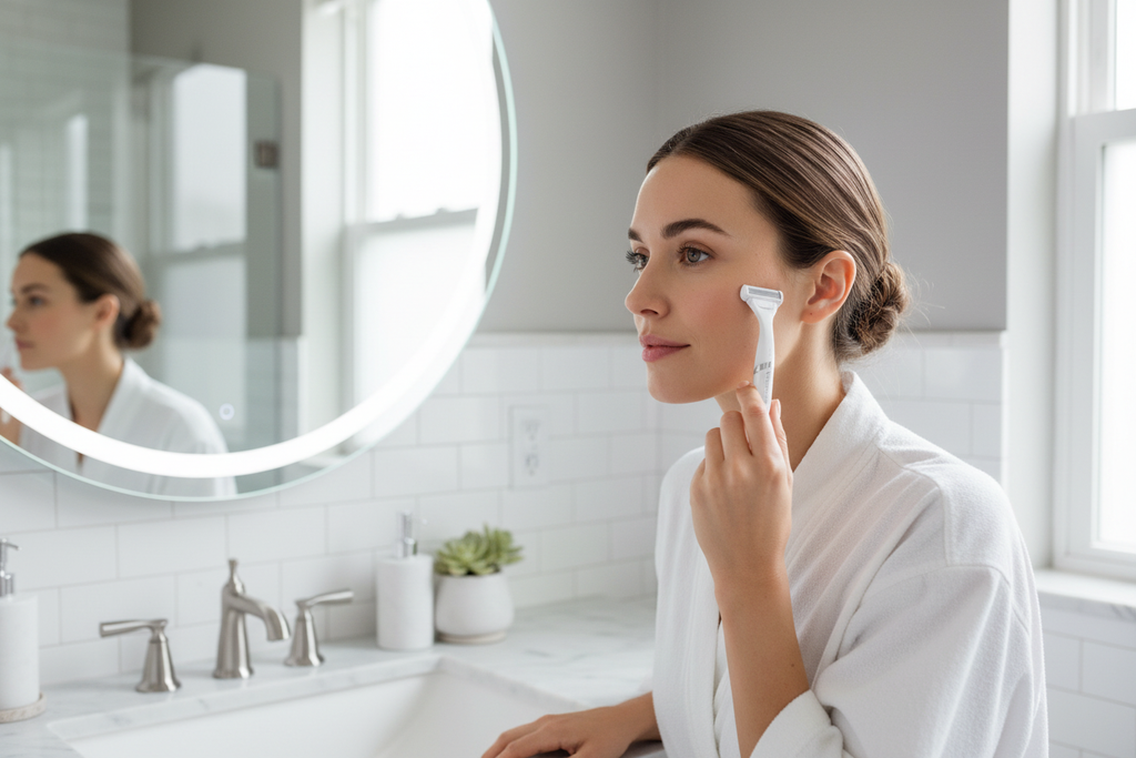 Woman at bright bathroom vanity mirror performing facial dermaplaning with slim white Gillette Venus facial razor