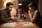 Couple playing Who Killed Mia? murder mystery game on date night with evidence cards