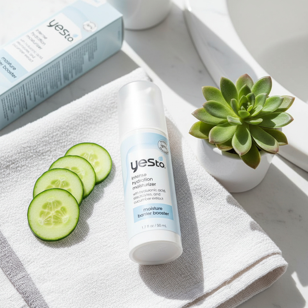 Yes To Intense Hydration Moisturizer flatlay on white linen with fresh cucumber slices and succulent.