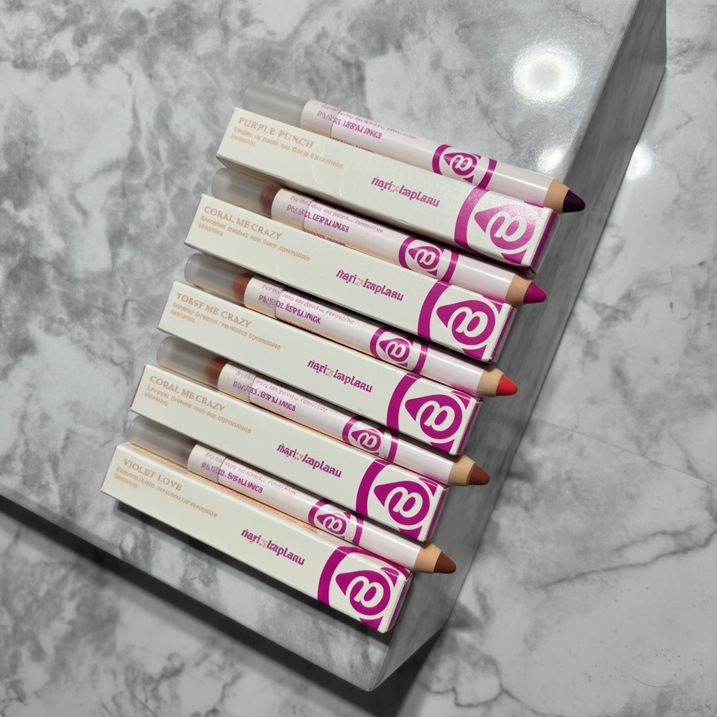 Five Mary Kay At Play lip crayons violet brown coral pink plum fan display white marble surface premium beauty product flat lay - More4less Outlet