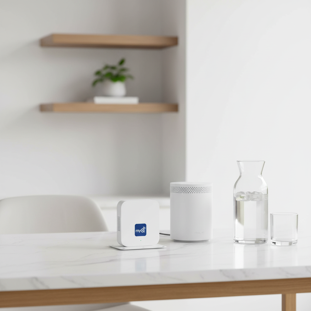 Chamberlain MyQ Smart Garage Hub unboxed on white quartz home office desk next to Wi-Fi router and glass carafe of water