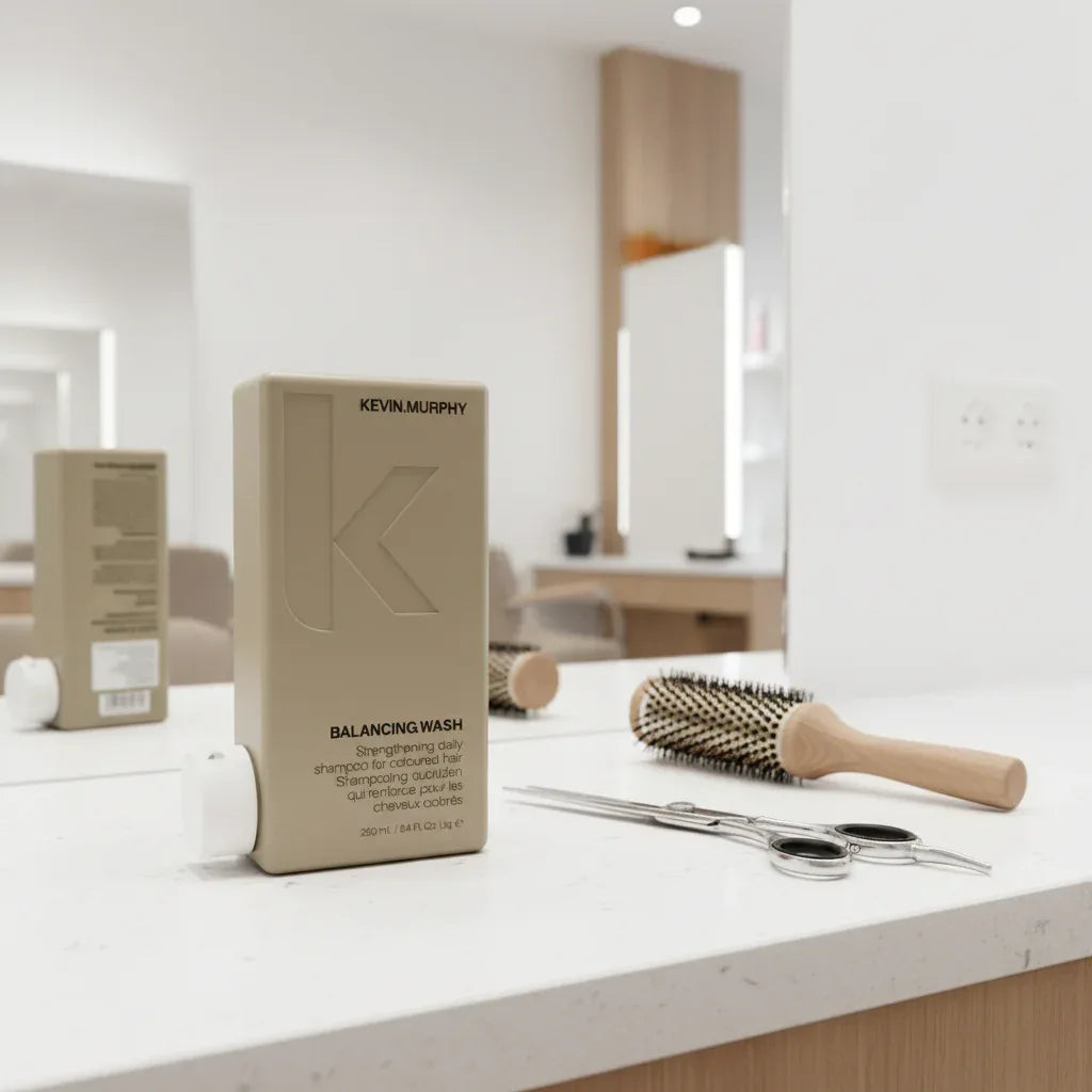 Kevin Murphy Balancing.Wash on high-end salon styling station with professional shears and boar-bristle brush
