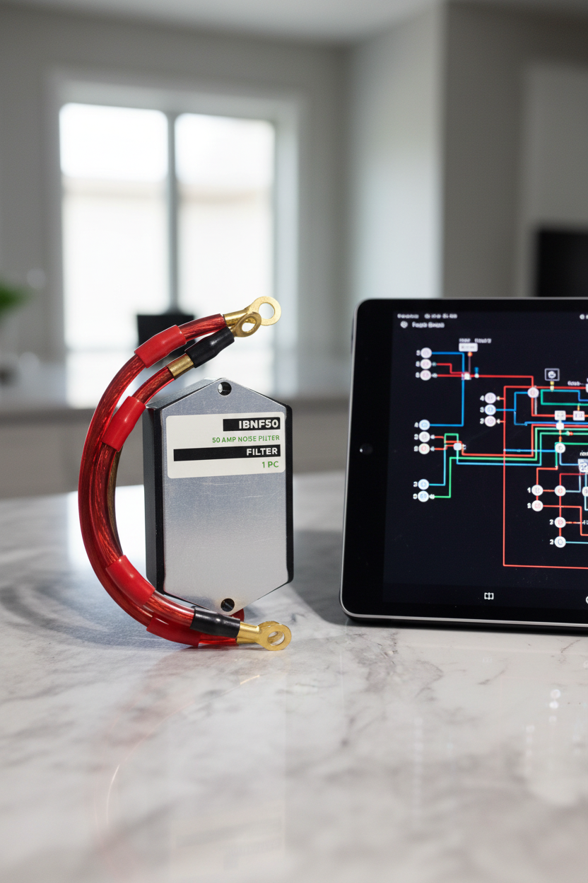 Install Bay IBNF50 noise filter with red cables on countertop next to tablet showing car audio wiring diagram