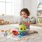 Happy toddler girl exploring educational learning toys with flashcards and animal figures in bright playroom