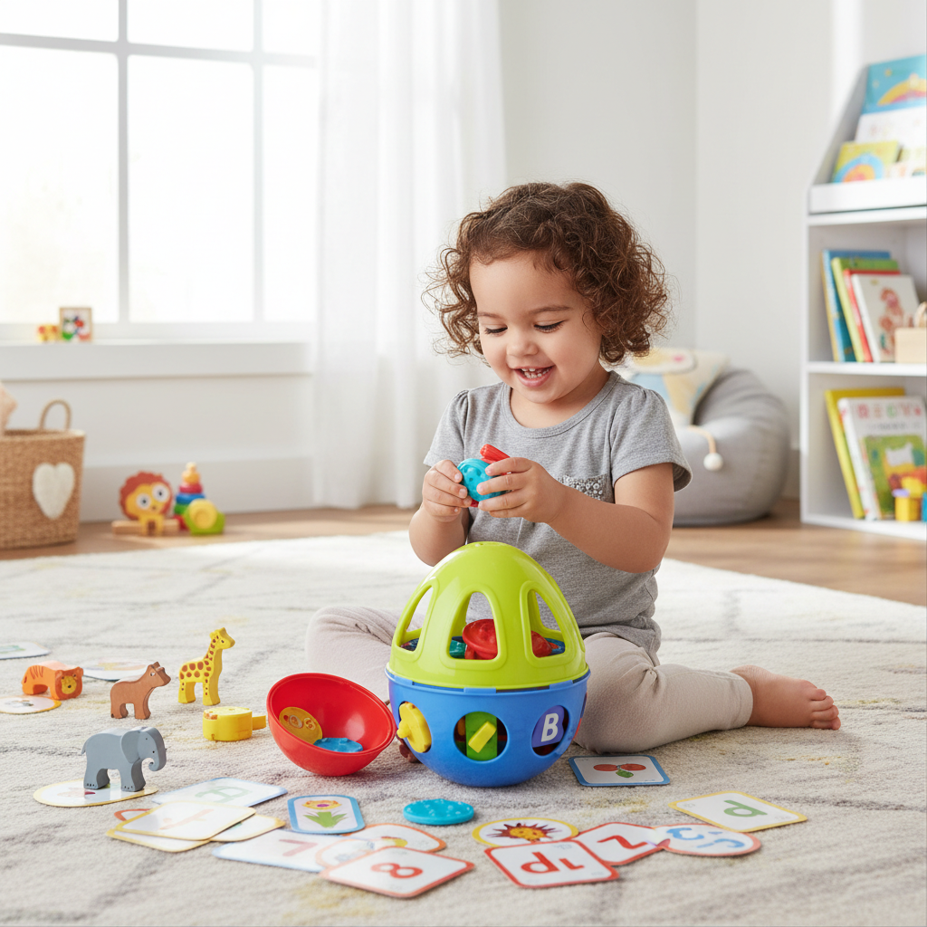 Happy toddler girl exploring educational learning toys with flashcards and animal figures in bright playroom