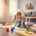 Young toddler playing mini golf indoors with colorful toy clubs and cups — B. Toys Hole-in-Fun lifestyle — More4less Outlet