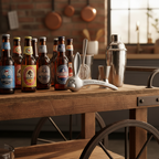 Houdini by Rabbit heavy-duty zinc bottle opener on rustic wooden bar cart next to craft beer bottles and cocktail shaker kitchen barware lifestyle
