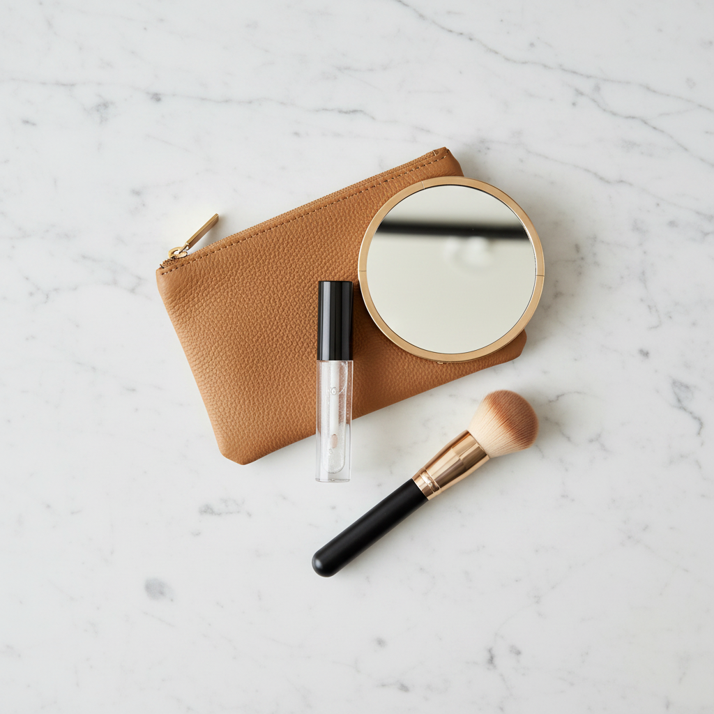 Flat-lay of clear lip gloss tube beside leather makeup pouch and mirror on white marble