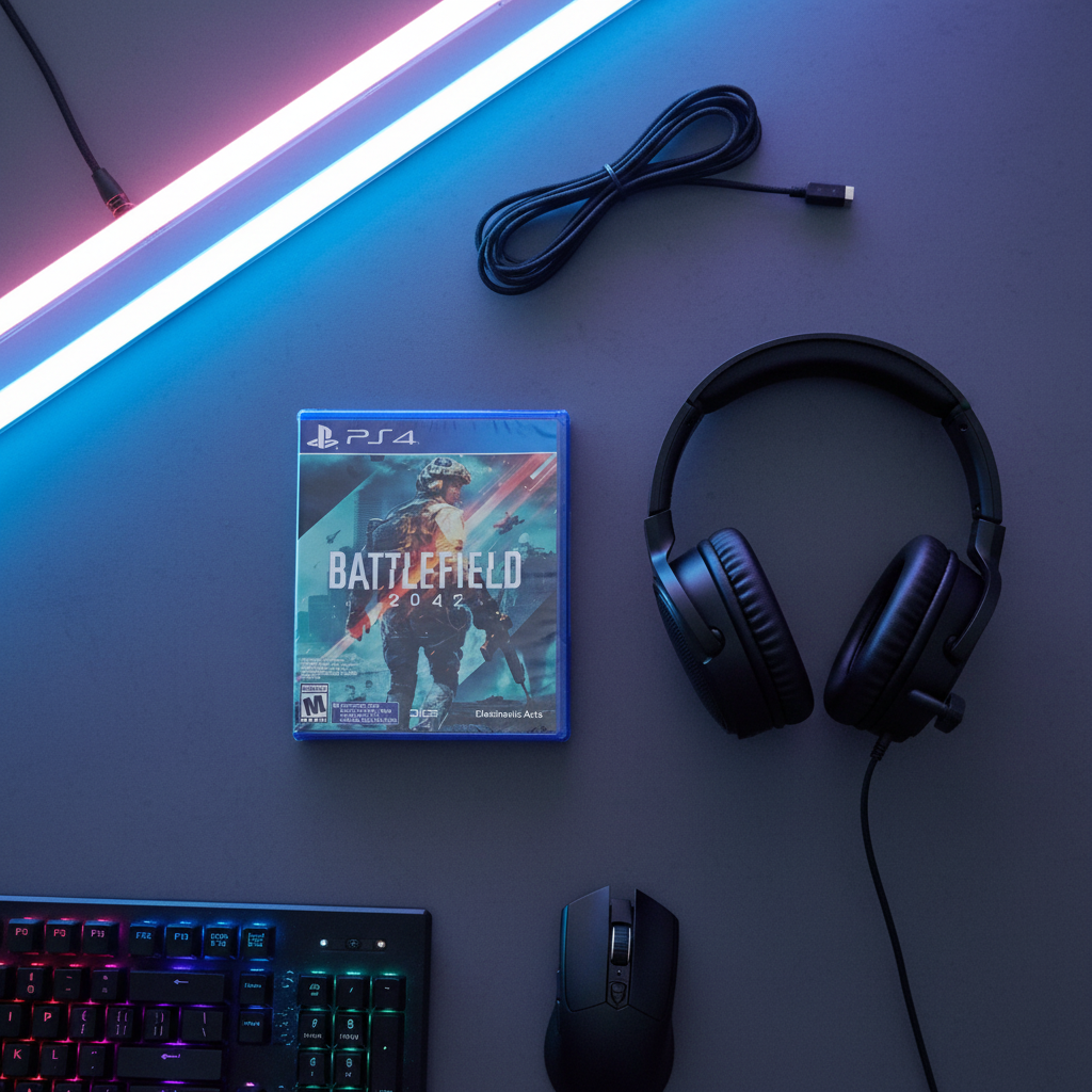 Battlefield 2042 PS4 game case in gamer flat-lay with headphones and neon lighting