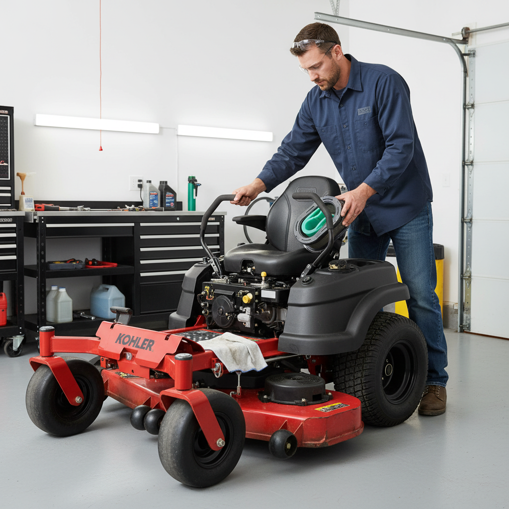 Man performing zero-turn mower maintenance in garage holding Kohler Genuine Parts Air Filter with green foam pre-cleaner